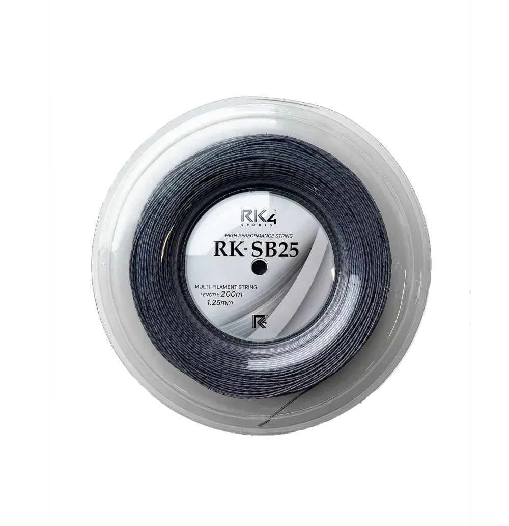 Spool of black tennis string inside a clear plastic container, brand name RK4, label visible.