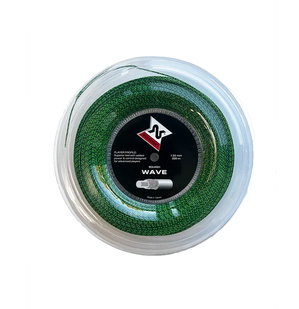 Spool of green tennis string in clear packaging, branded with a red and white logo.