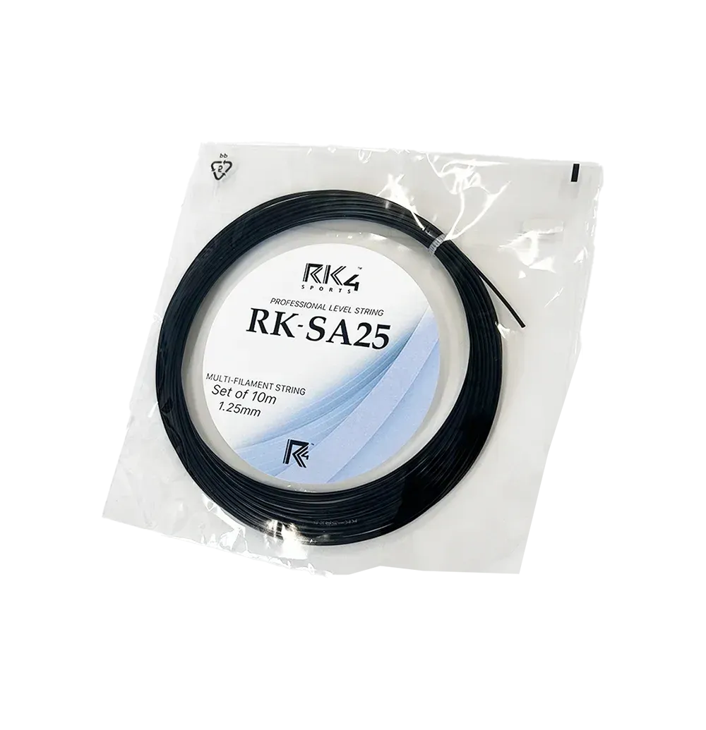 Black badminton string, RK-SA25, coiled in a clear plastic bag. White label with product details.