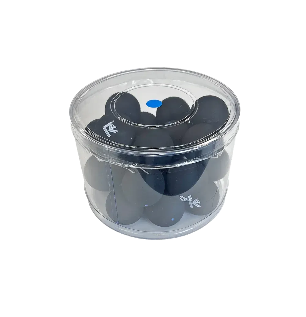 A clear plastic container filled with black Squash balls.