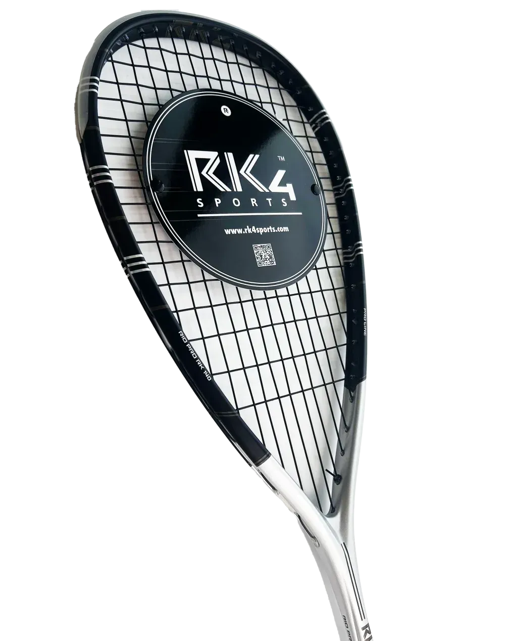 Squash racquet with black and white design and a white grip.