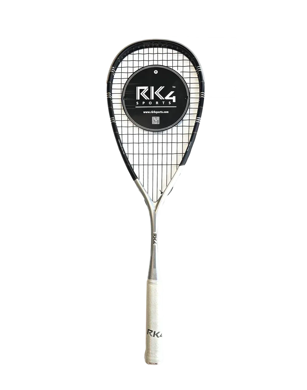 Squash racquet with black and white design and a white grip.