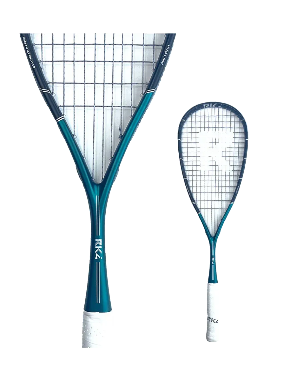 Two squash rackets, teal and black, with white grips, displayed against a white background.