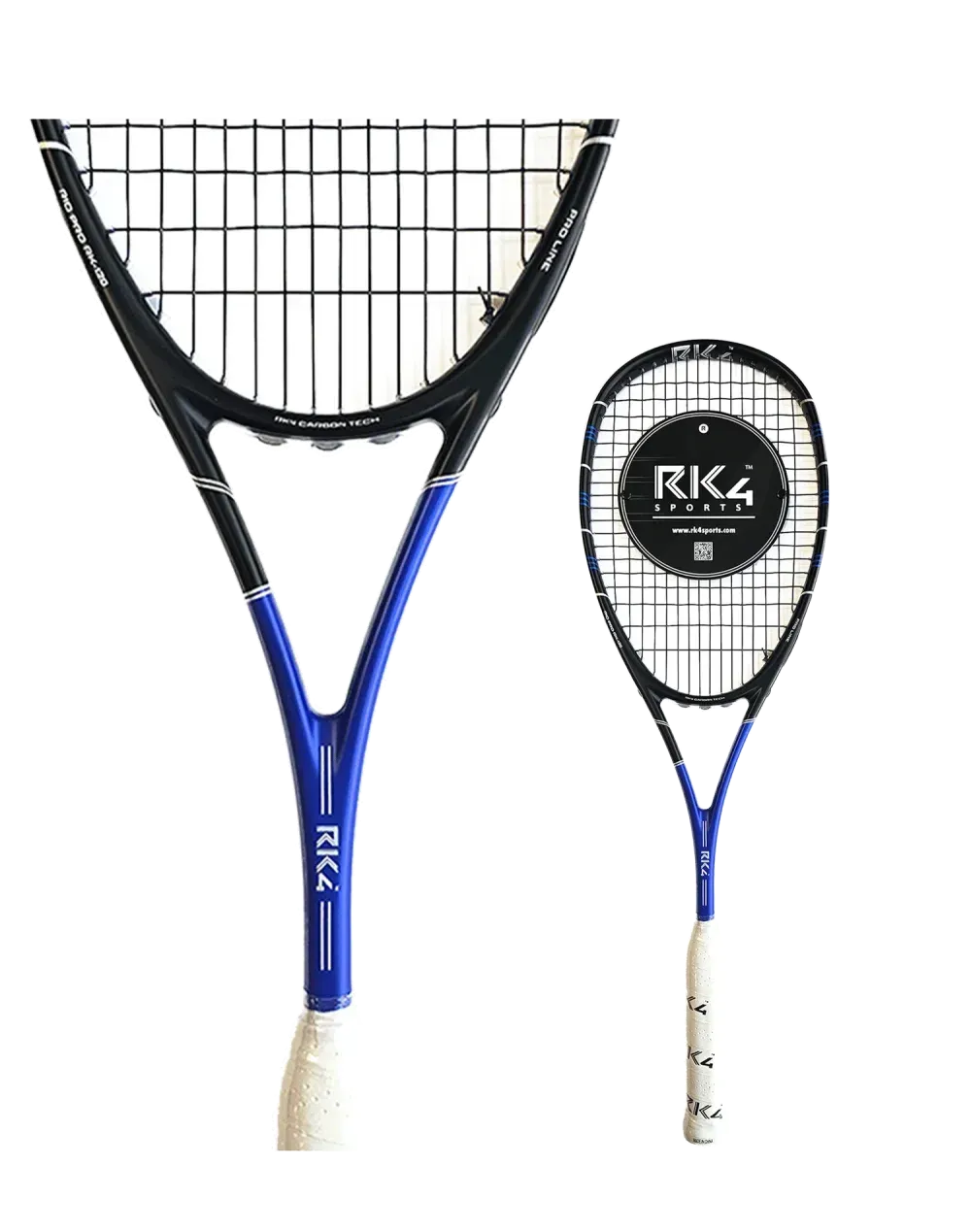 Two squash racquets, one large and one small, blue and black with white grips.