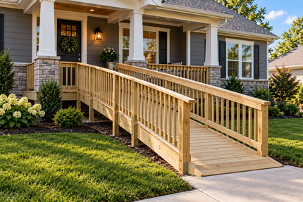 Wooden accessibility ramp with railings leading to a house front door
