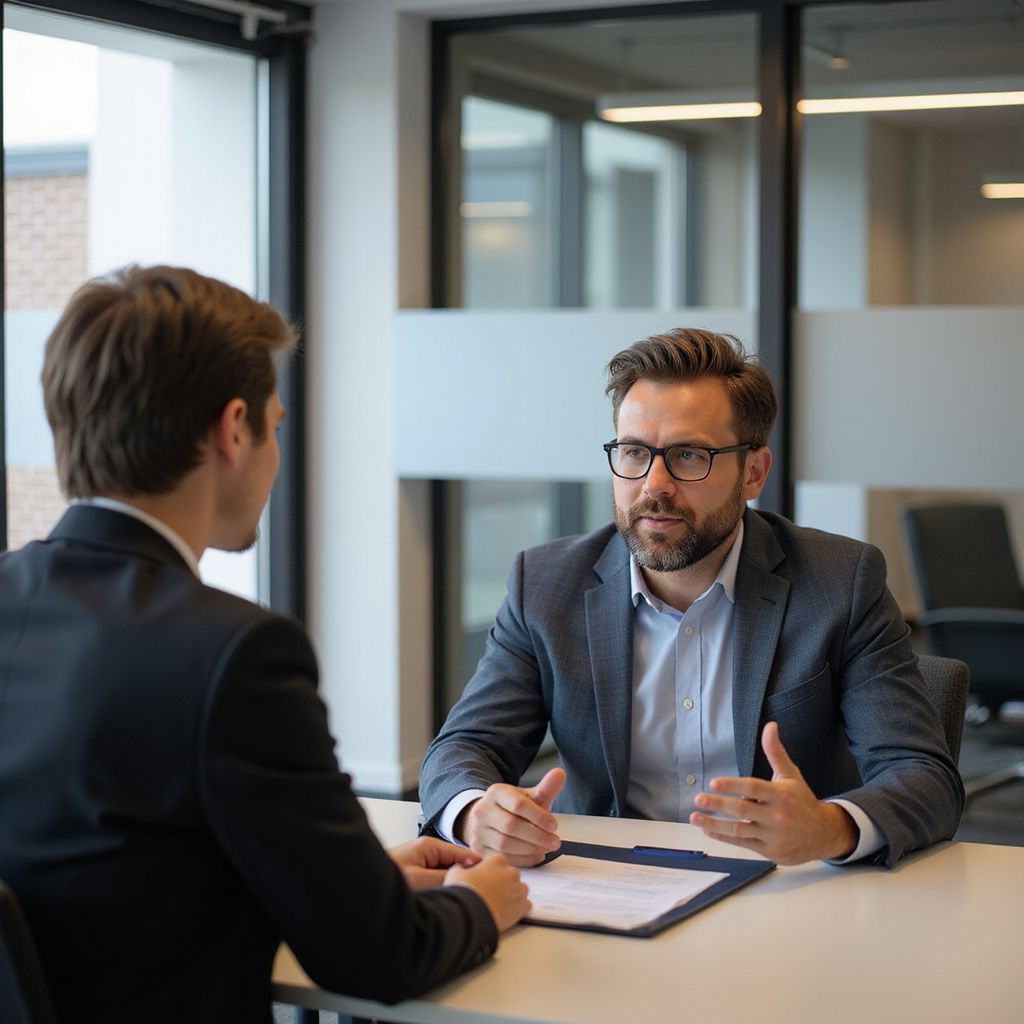 Two men in suits at a table. One speaks, gesturing with hands; the other listens, facing him.