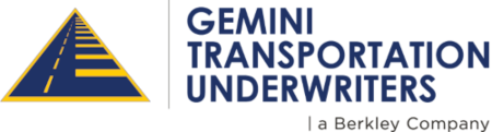 Logo of Gemini Transportation Underwriters: a blue road within a yellow-edged triangle, with company name