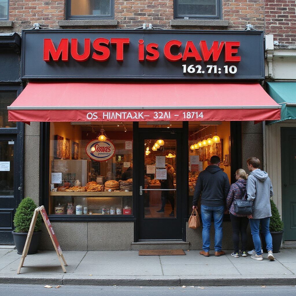Bakery storefront with red awning and sign 