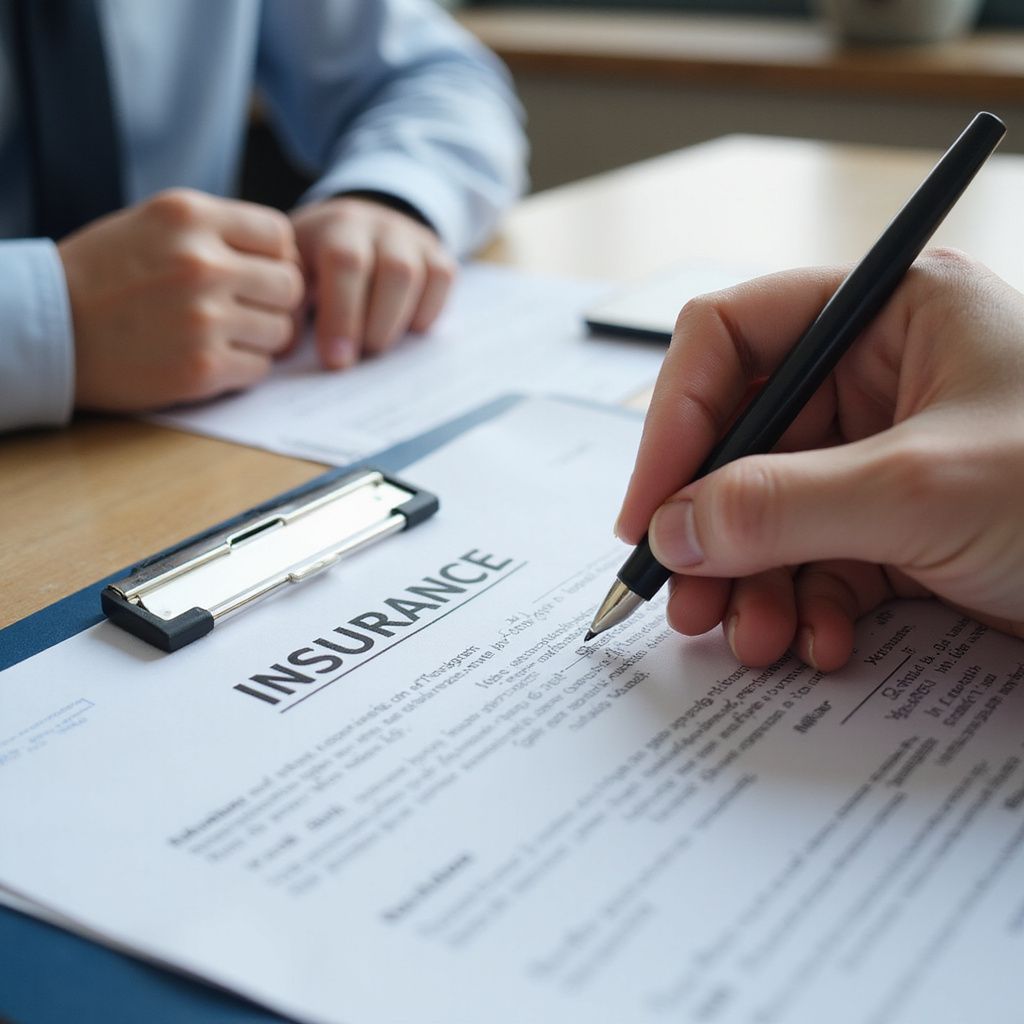 Person signing an insurance document with another person in the background; close-up view.