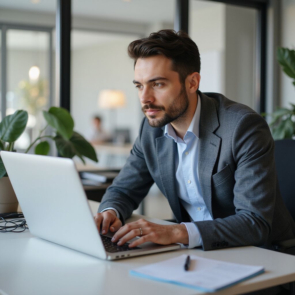 Man in a gray suit working on a laptop at a desk in an office.