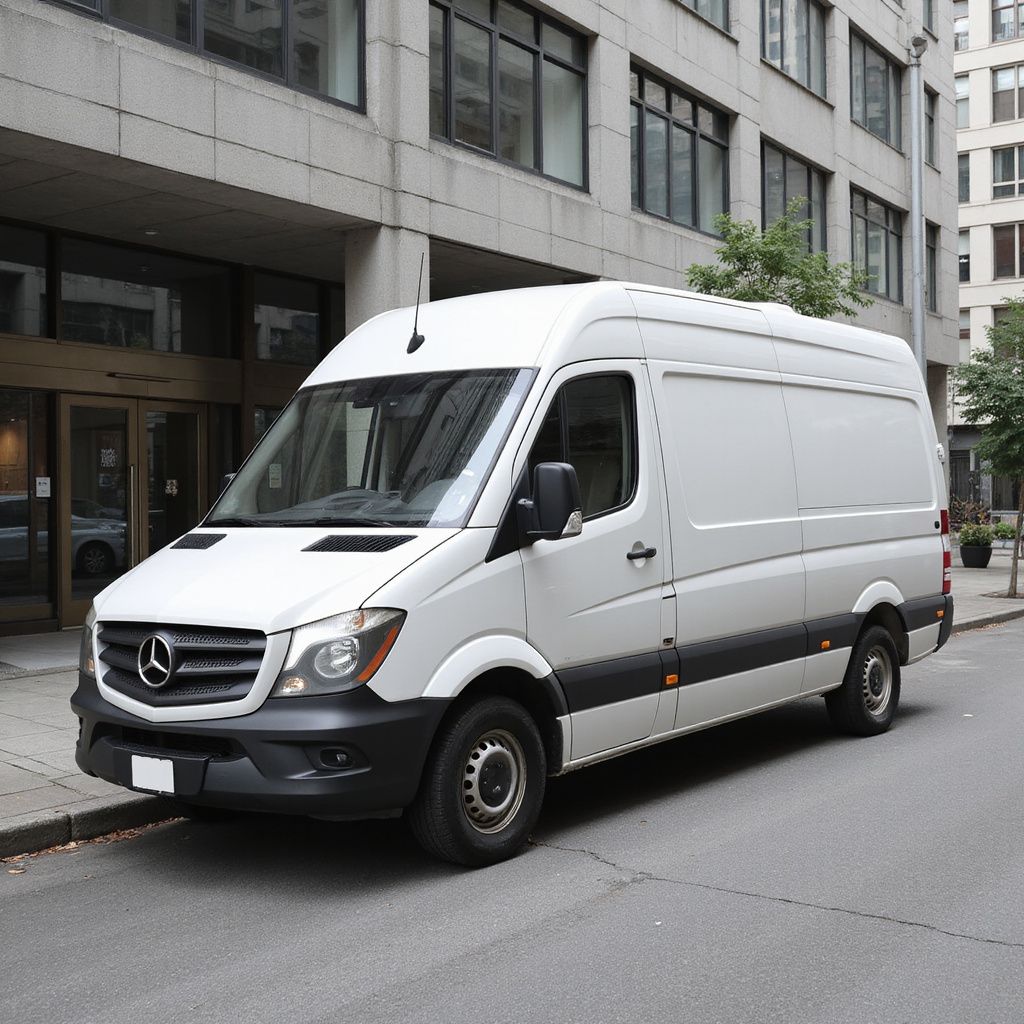 White Mercedes-Benz cargo van parked on city street in front of a modern building.