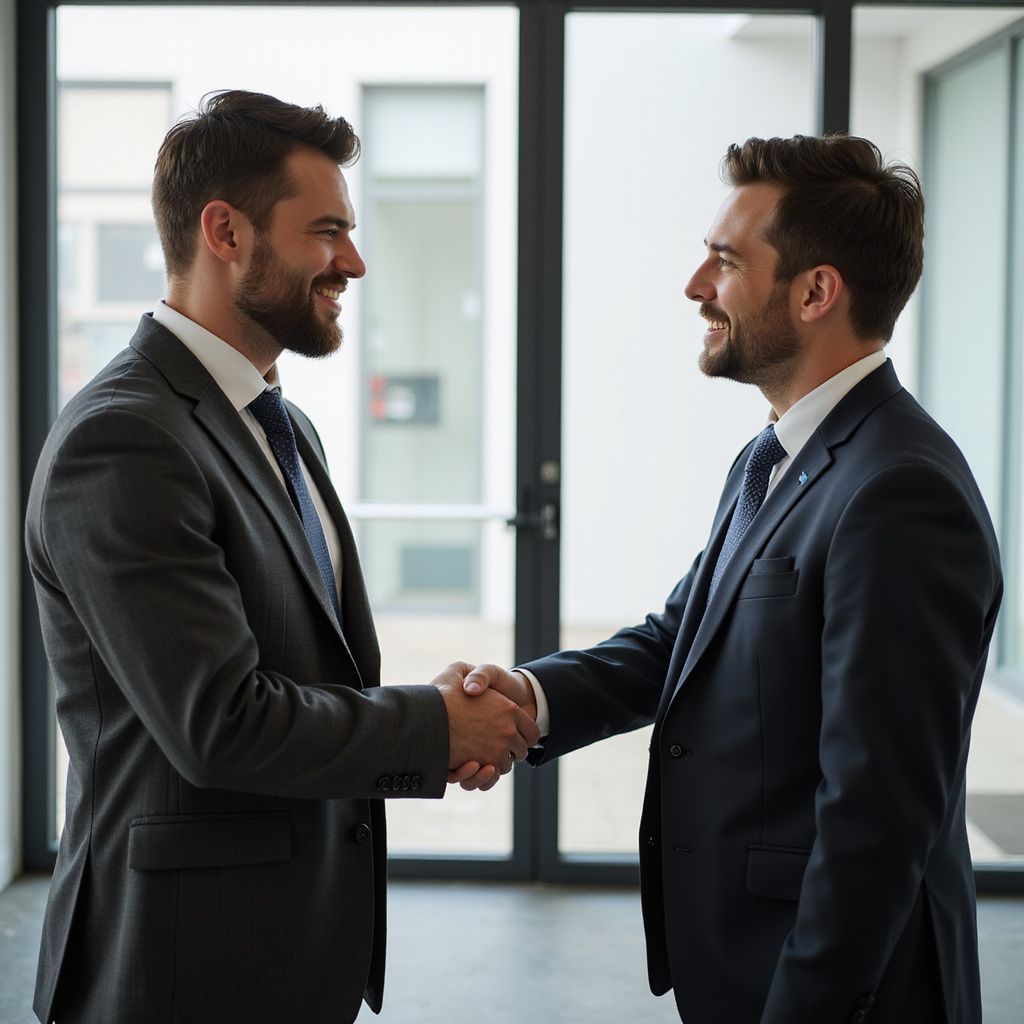 Two men in suits shaking hands, smiling, in an office setting.