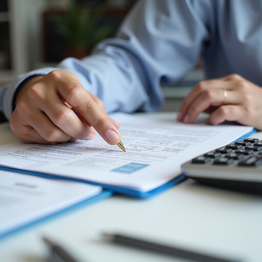 Person pointing at document with pen, calculator visible on a desk.