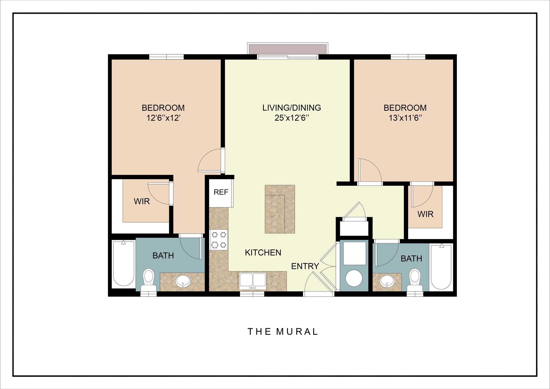 Floor plan of a two-bedroom apartment, labeled