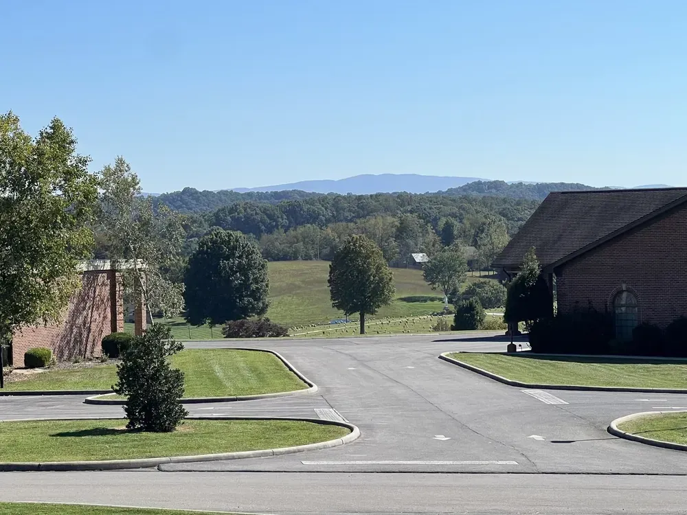 Road leading towards a field with trees and a distant mountain, sunny day.
