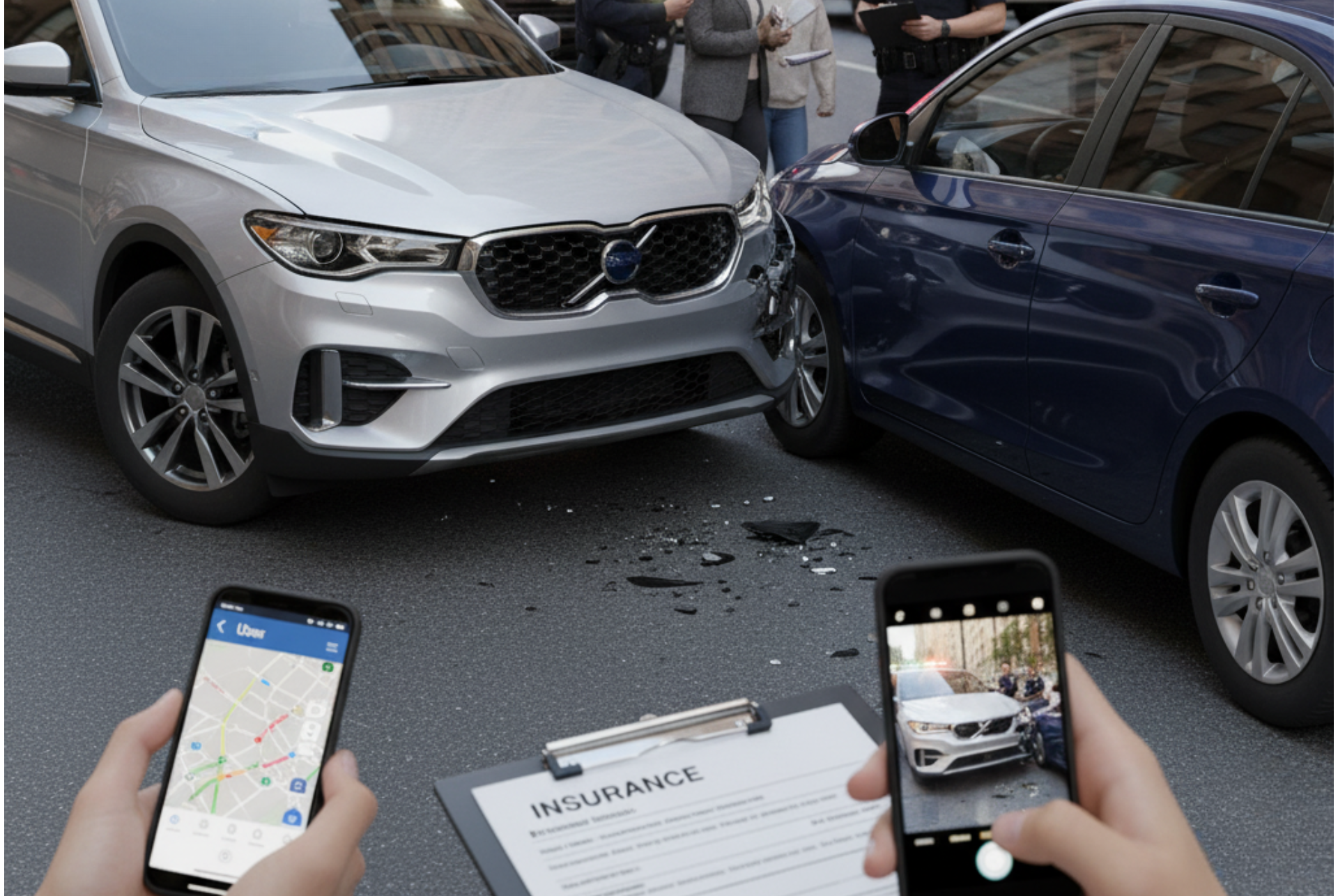 A picture of two cars that were in an accident with onlookers looking at their phone and an insurance form.