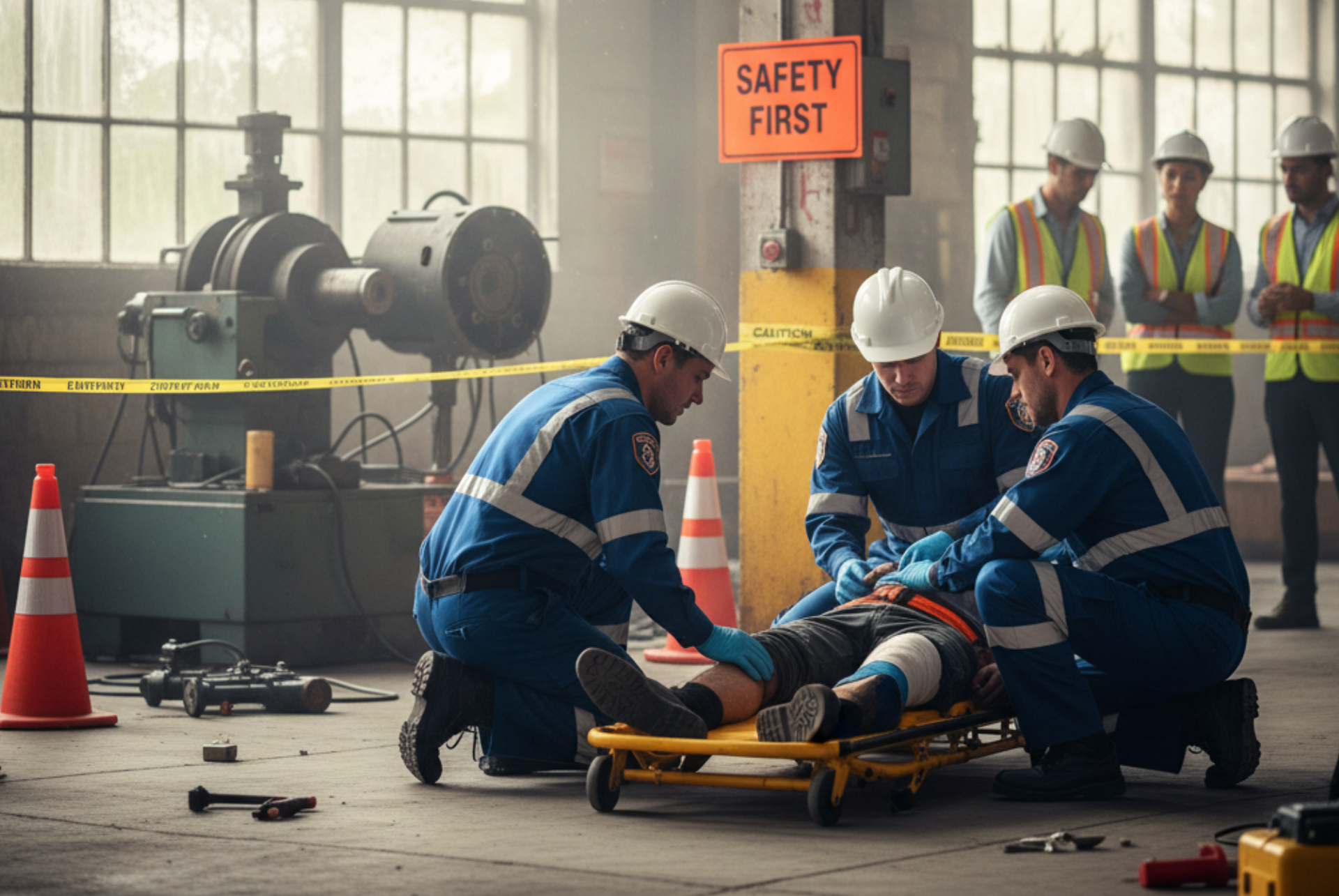 A person being treated on an industrial cart by coworkers after what appears to be an fatal accident.