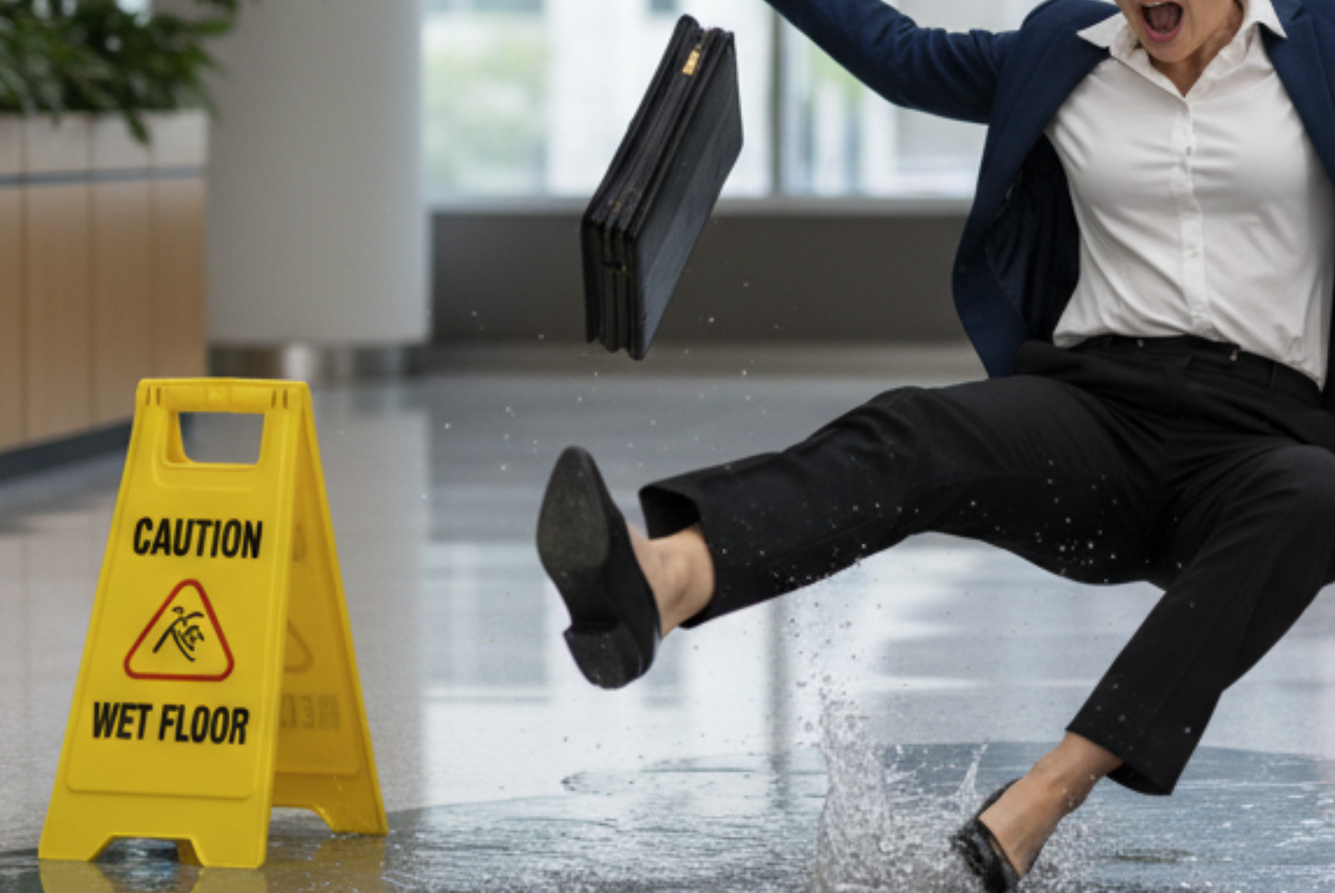 A female slipping and falling on a wet floor with a wet floor sign next to her.