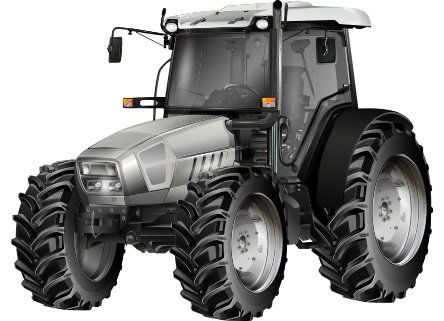 Grijze landbouwtrekker met grote zwarte banden op een witte achtergrond.