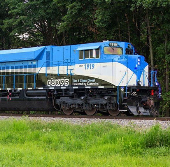 Blauw-witte diesellocomotief uit 1919 op rails naast groen gras en bomen.