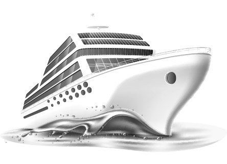 Wit cruiseschip met zwarte ramen vaart op kalm water, zijaanzicht.