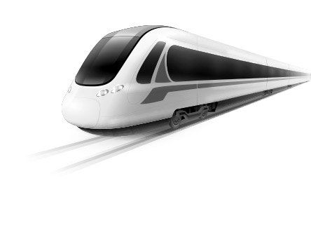 Witte hogesnelheidstrein op rails met een strakke zwarte voorruit, rijdend tegen een witte achtergrond.