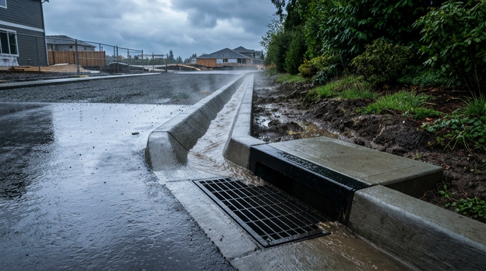 Rainwater flowing through a concrete drainage channel beside a wet road and storm drain