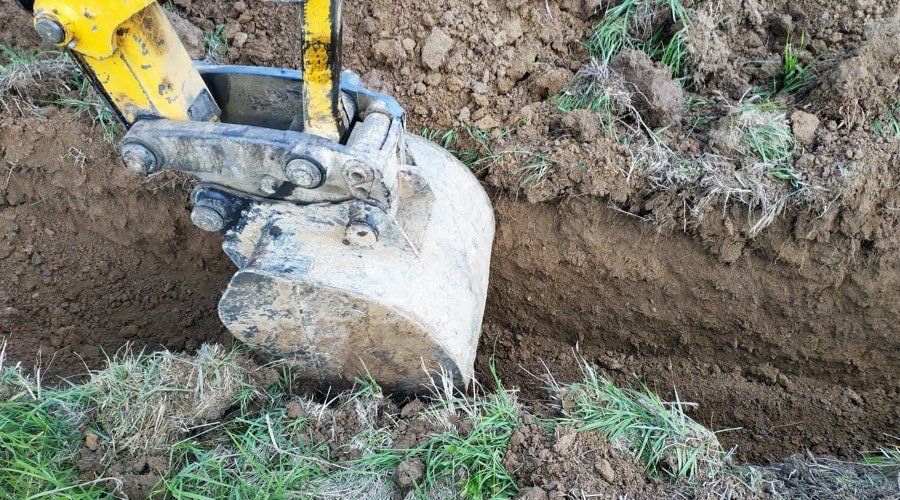 Backhoe excavator bucket digging a trench in the earth.