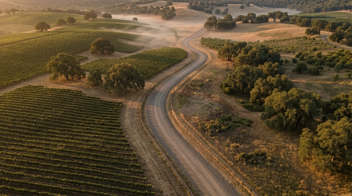 Winding country road through green fields and trees in a hazy rural landscape at sunrise.