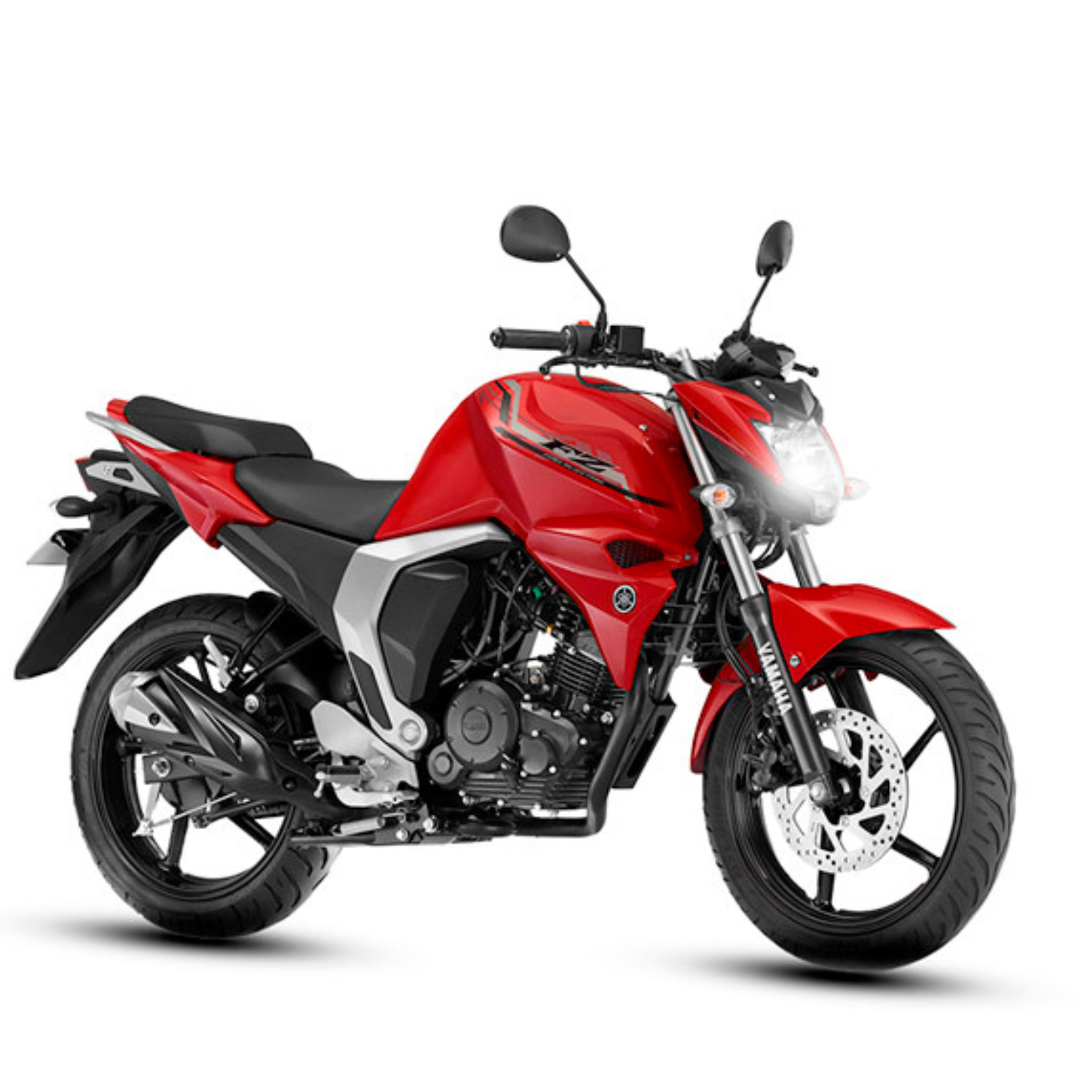 Motocicleta Yamaha FZ-S roja, llantas y asiento negros, estacionada al aire libre.