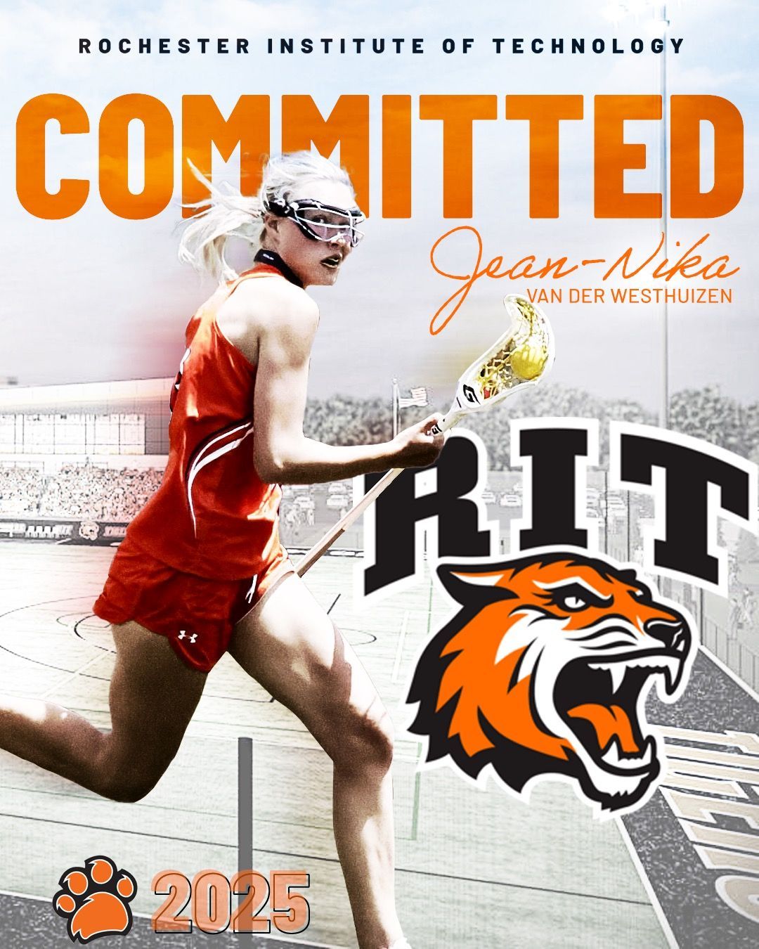 Player commits to RIT Women's Lacrosse, wearing red and black with tiger logo