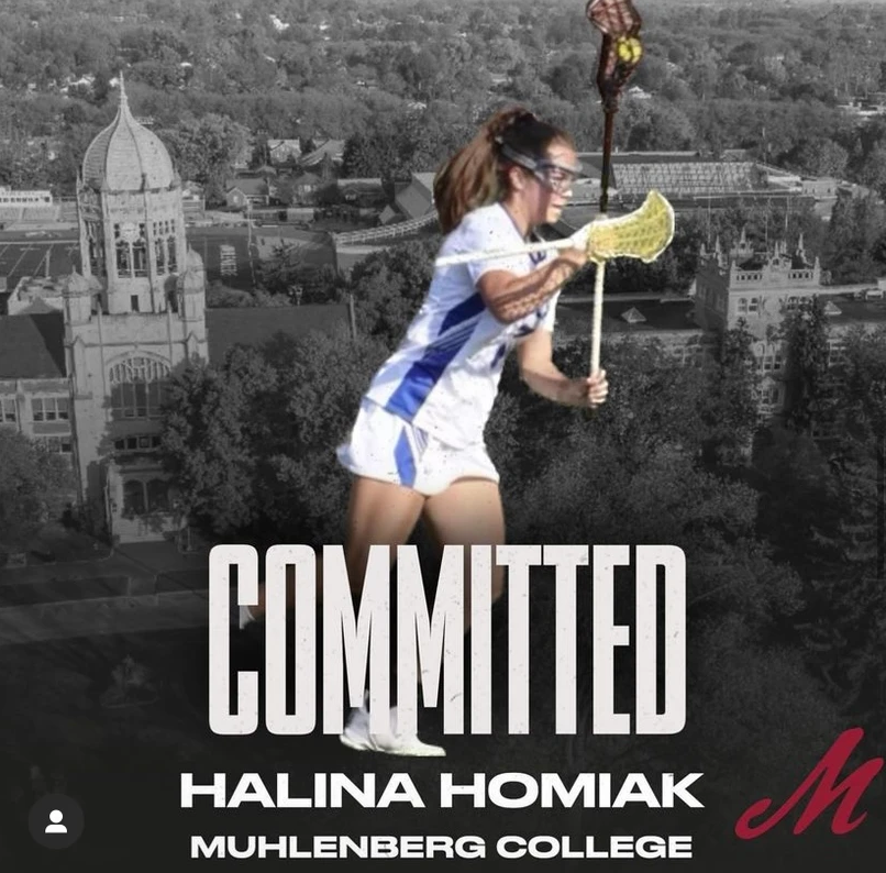 CAV Lax Elite athlete commits to college lacrosse, action shot over grayscale university backdrop