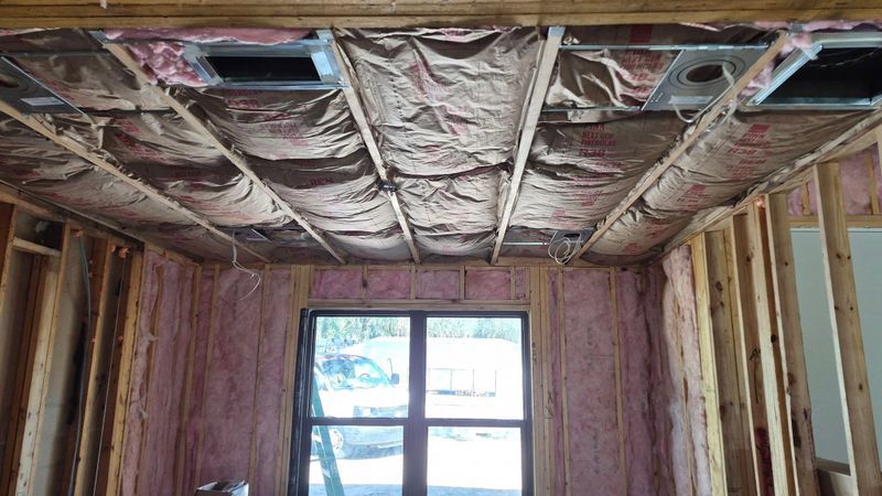 Unfinished room with exposed ceiling insulation, pink walls, and a window at the far end.