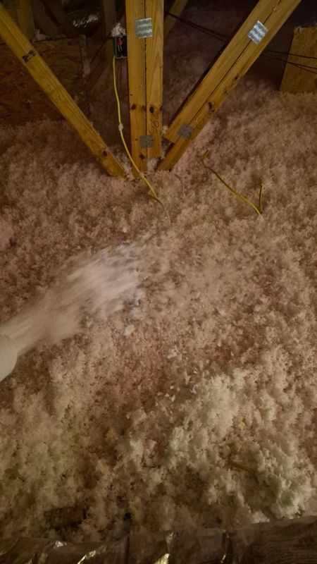 Insulation-covered attic floor with wooden roof trusses and a small light-colored patch on the insulation