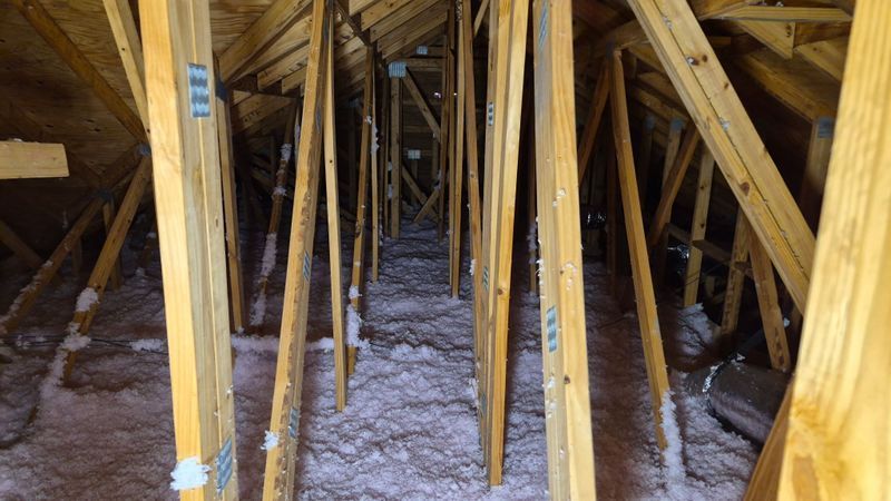 Crawl space with wooden support beams and insulation covering the ground under a house