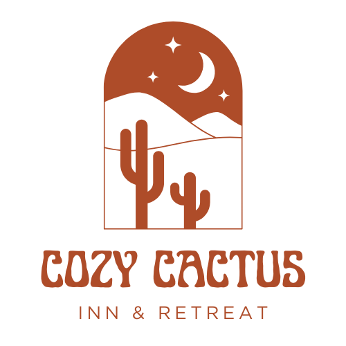 Logo: Orange arched window, desert landscape, two cacti, stars, moon, and text "Cozy Cactus Inn & Retreat".