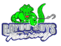 Green alligator holding a tow hook, above "Bayou Boys Towing" text.