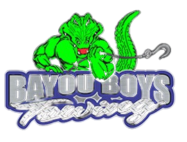Green alligator holding a tow hook, above "Bayou Boys Towing" text.