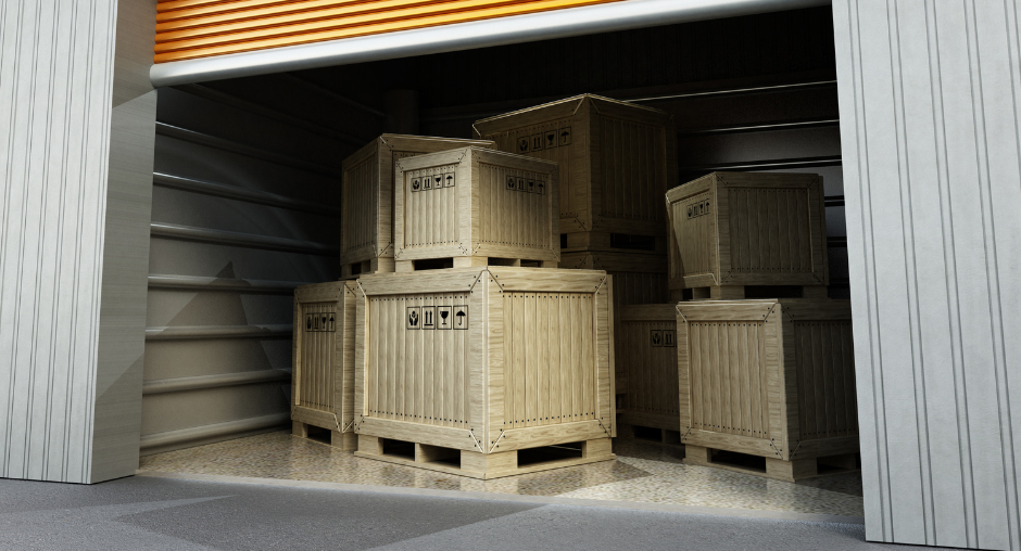 Wooden crates stacked inside a partially open warehouse loading bay