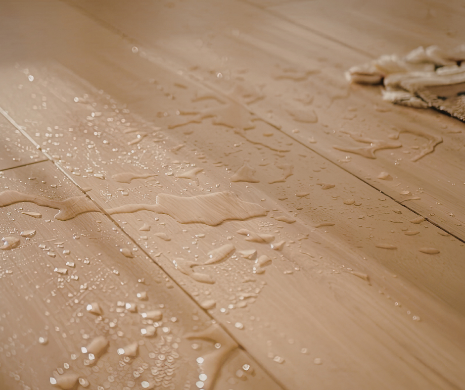 Water droplets on a light wooden floor, with a small damp spill and cloth at the top right.