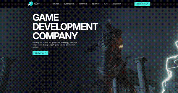 Website header: Game development company with a fantasy-themed background, a warrior figure with lightning.
