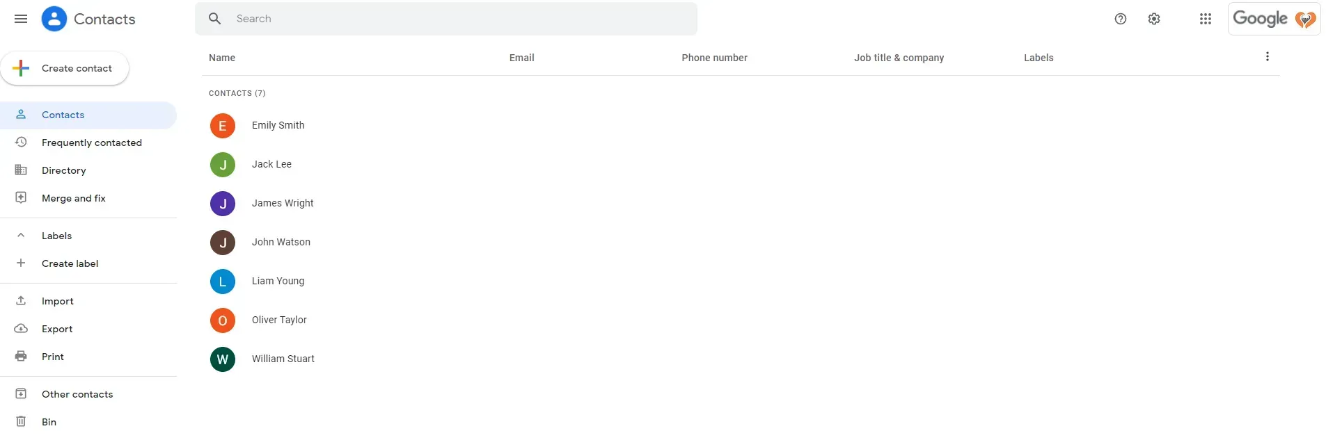 Google account contacts page