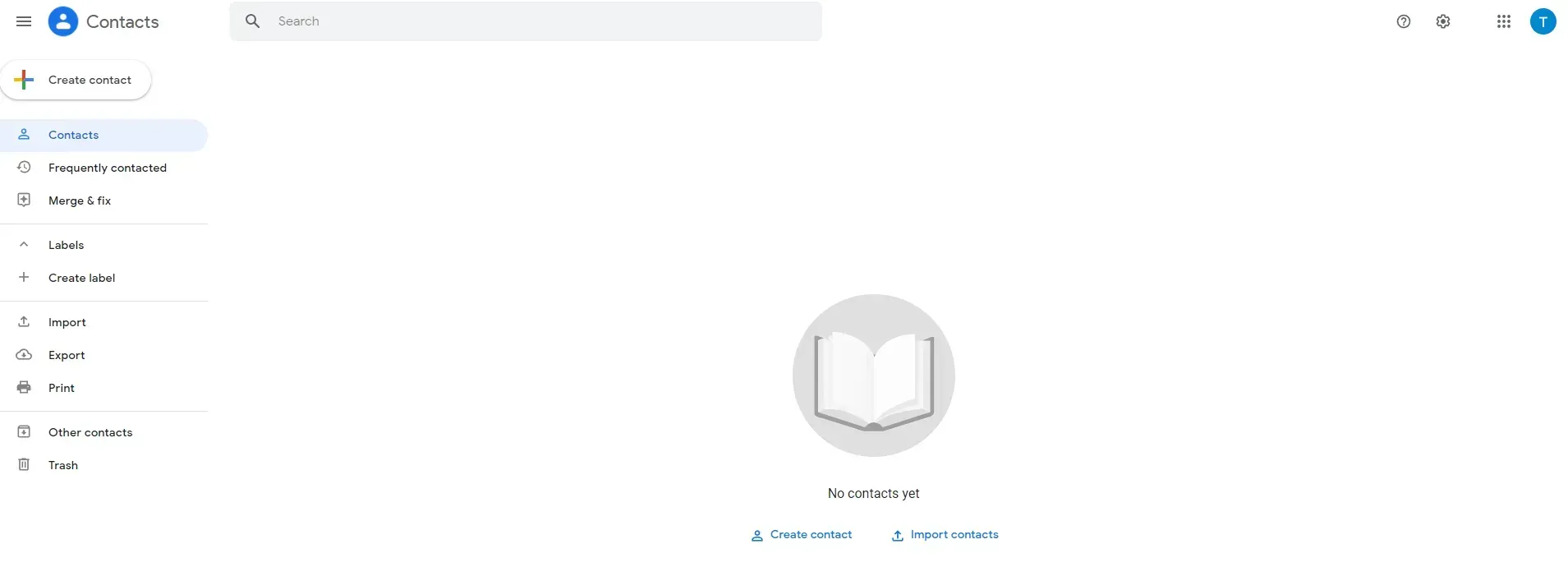 an empty Google contacts page