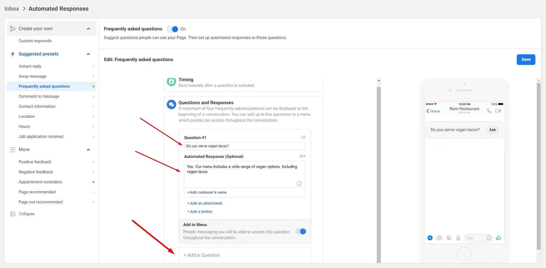Frequently Asked Questions input fields