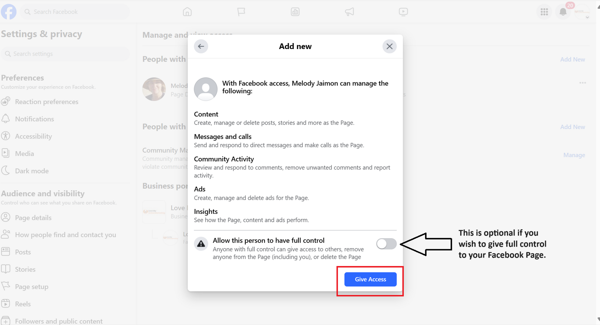 the option to give another person full control to your page