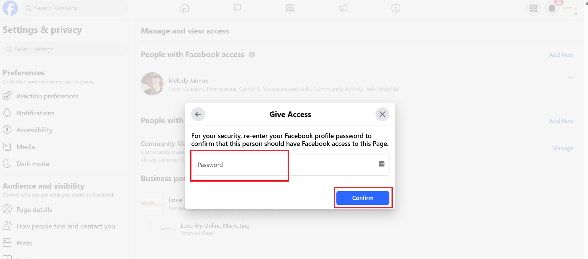re-entering the password on your Facebook profile