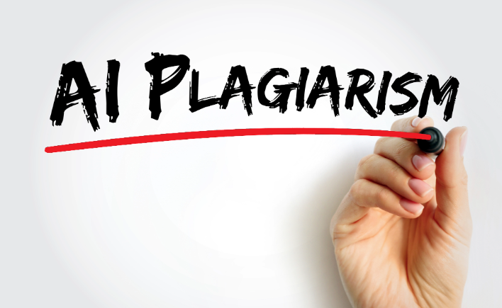 AI plagiarism written in black with a red underline, marked by a hand holding a marker
