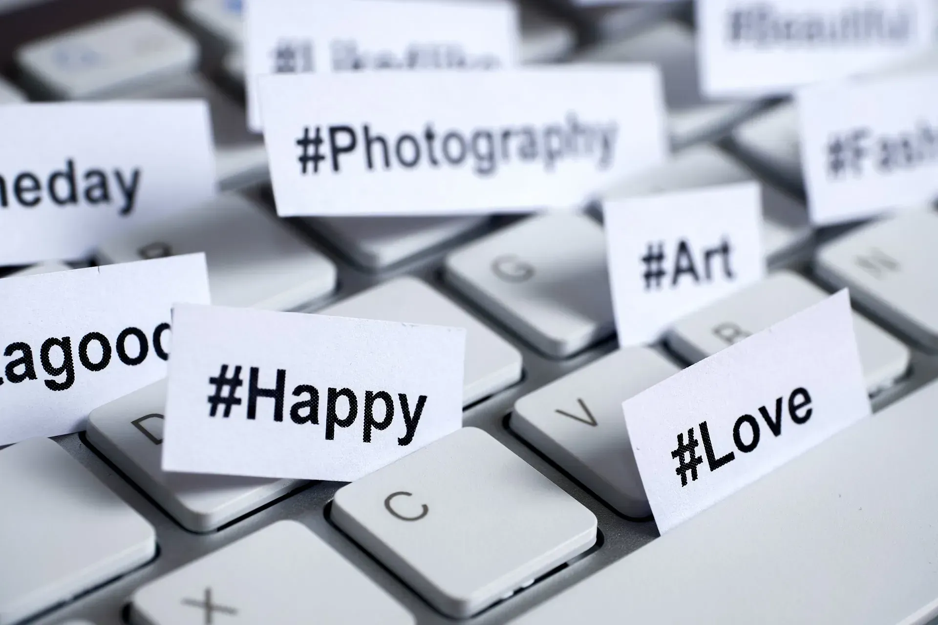 hashtags printed on small pieces of paper