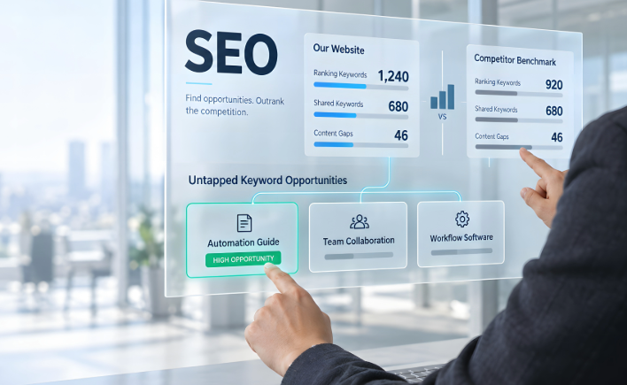Person tapping SEO analytics dashboard on glass screen in bright office, showing rankings and backlinks.