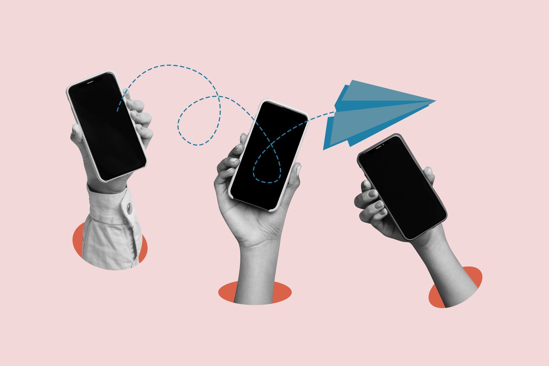 Three hands holding phones connected by a paper airplane, on pink background.